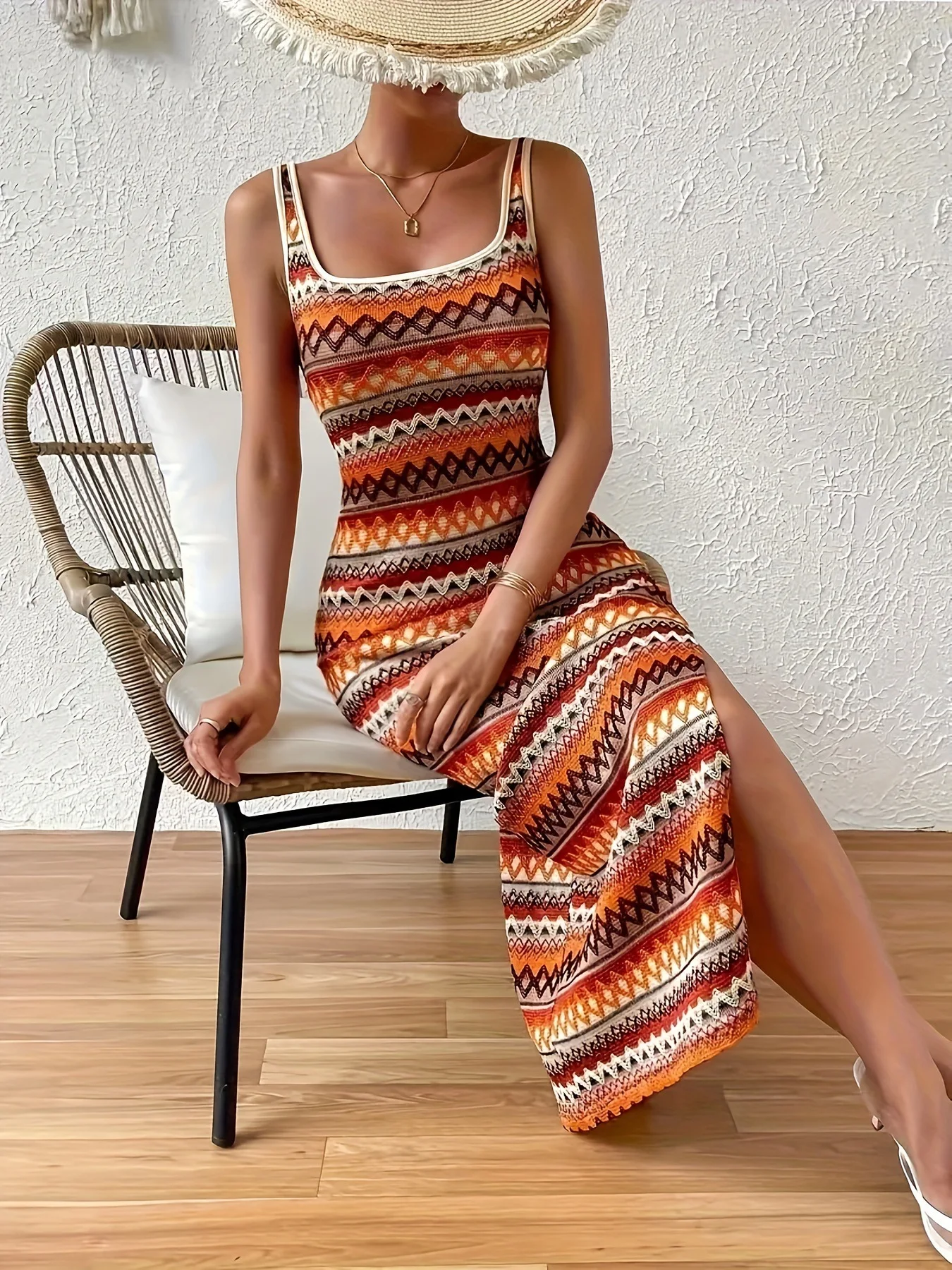 Women's Geometric Pattern Tassel Dress Sleeveless Slim Fit Elegant Fashion Spring Summer Simple Design
