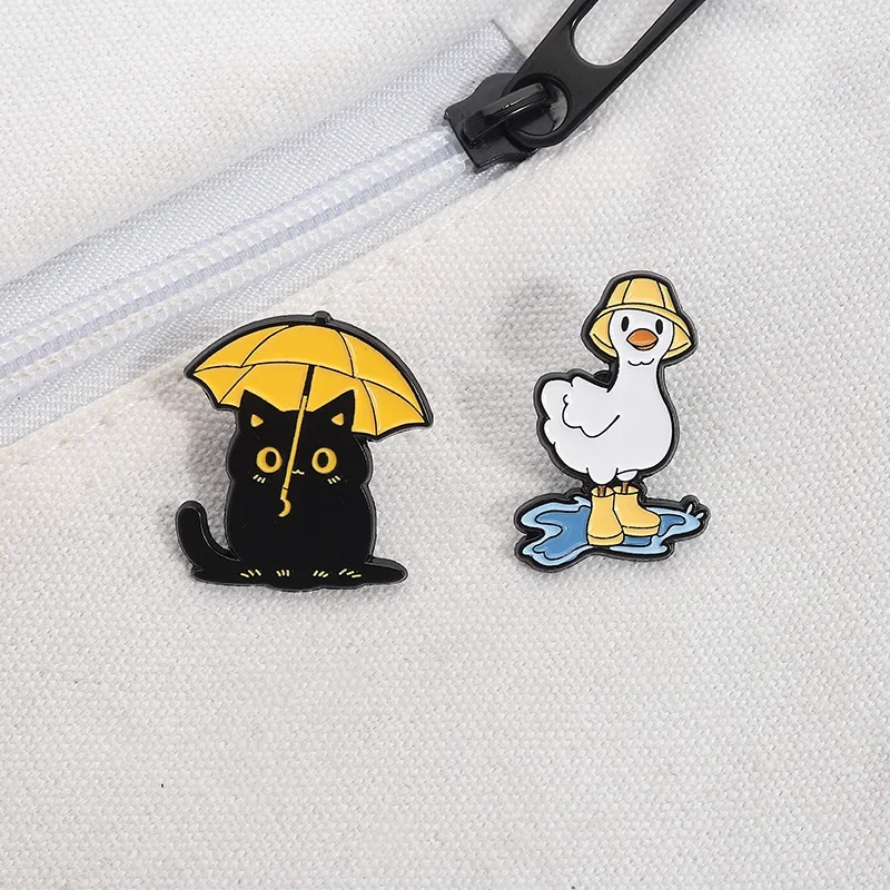 Cartoon Cute Duck Rain Boots Black Cat Umbrella Enamel Pins Decor Brooches Backpack Lapel Badges Animal Jewelry Gift for Friends