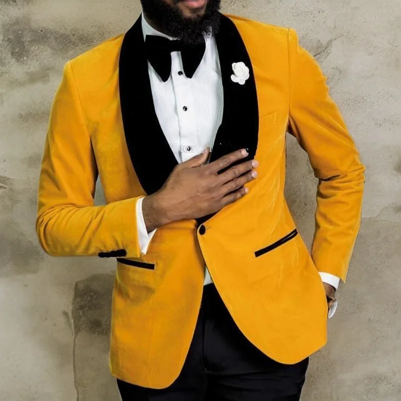 Elegant Yellow Velvet Men\'s Suits for Wedding Dinner 2 Piece Groom Tuxedo Best Man Blazer with Black Pants 2024 Male Fashion