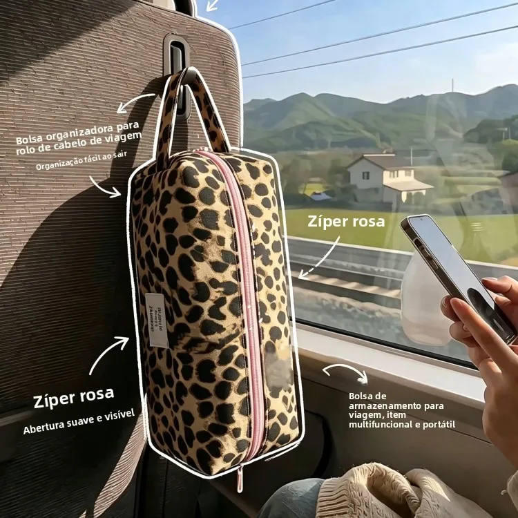 ポータブルトラベルロールアップ電動カーリングアイロン収納バッグ女性用化粧品バッグセットレオパード柄ウォッシュトイレタリーオーガナイザー