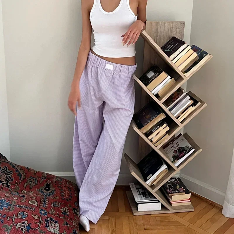 Pantalon à carreaux taille haute élastique pour femme, jambe large, vêtements de détente des années 2024, mode estivale, fjwith Pockets, Y2K, 2000