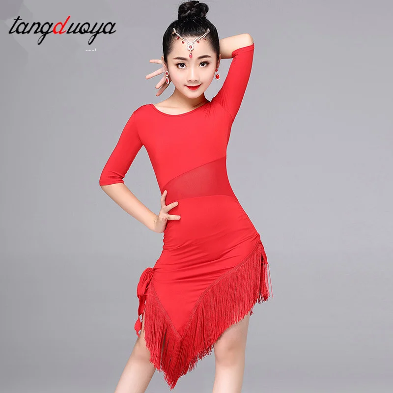Robe de danse latine pour petites filles, 1 pièce/lot, vêtements de danse latine à franges, Costume de Salsa, robes de Tango pour salle de bal noires et rouges ﻿