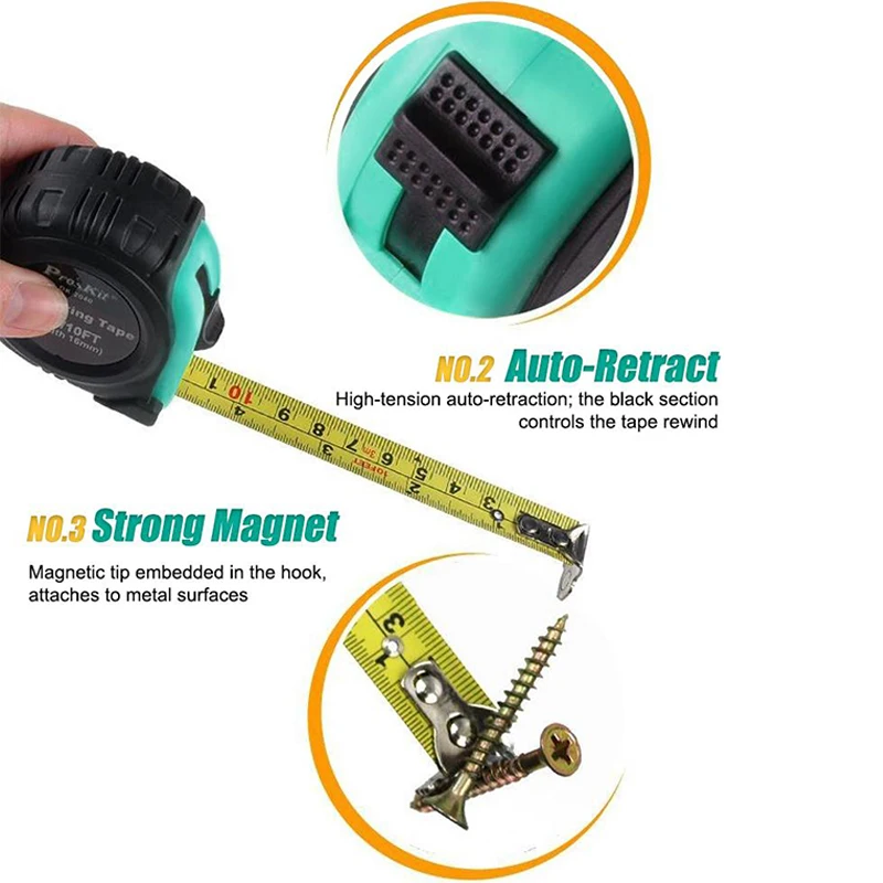 Pro'skit 3m/5m/7.5m Measuring Tape Measure Non-Slip Automatic Retraction Construction Site Measurement Manual Tool Tape Measure