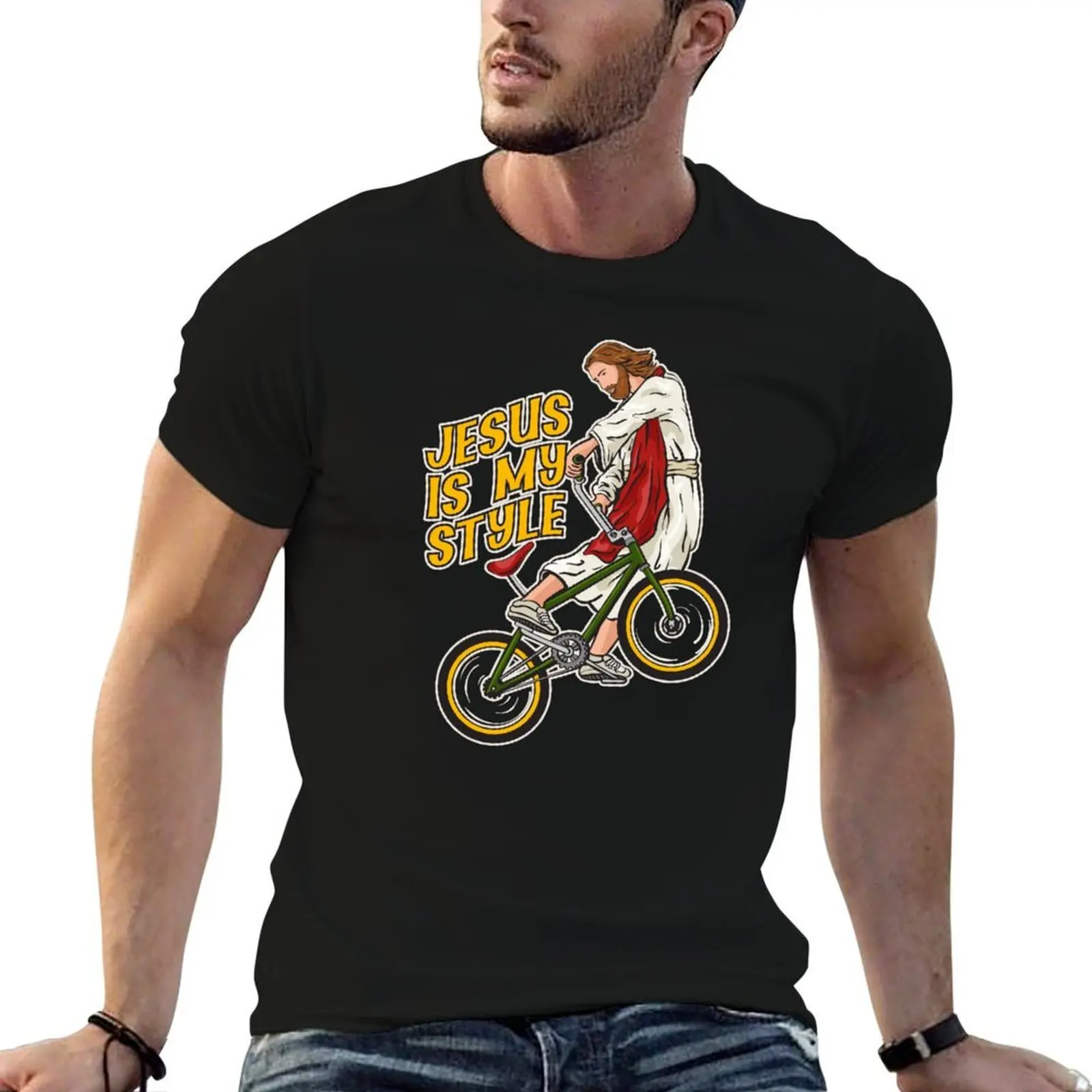 Cristo en una bicicleta-Camiseta BMX Jesús para hombre, camisetas de algodón de anime, camiseta de gran tamaño