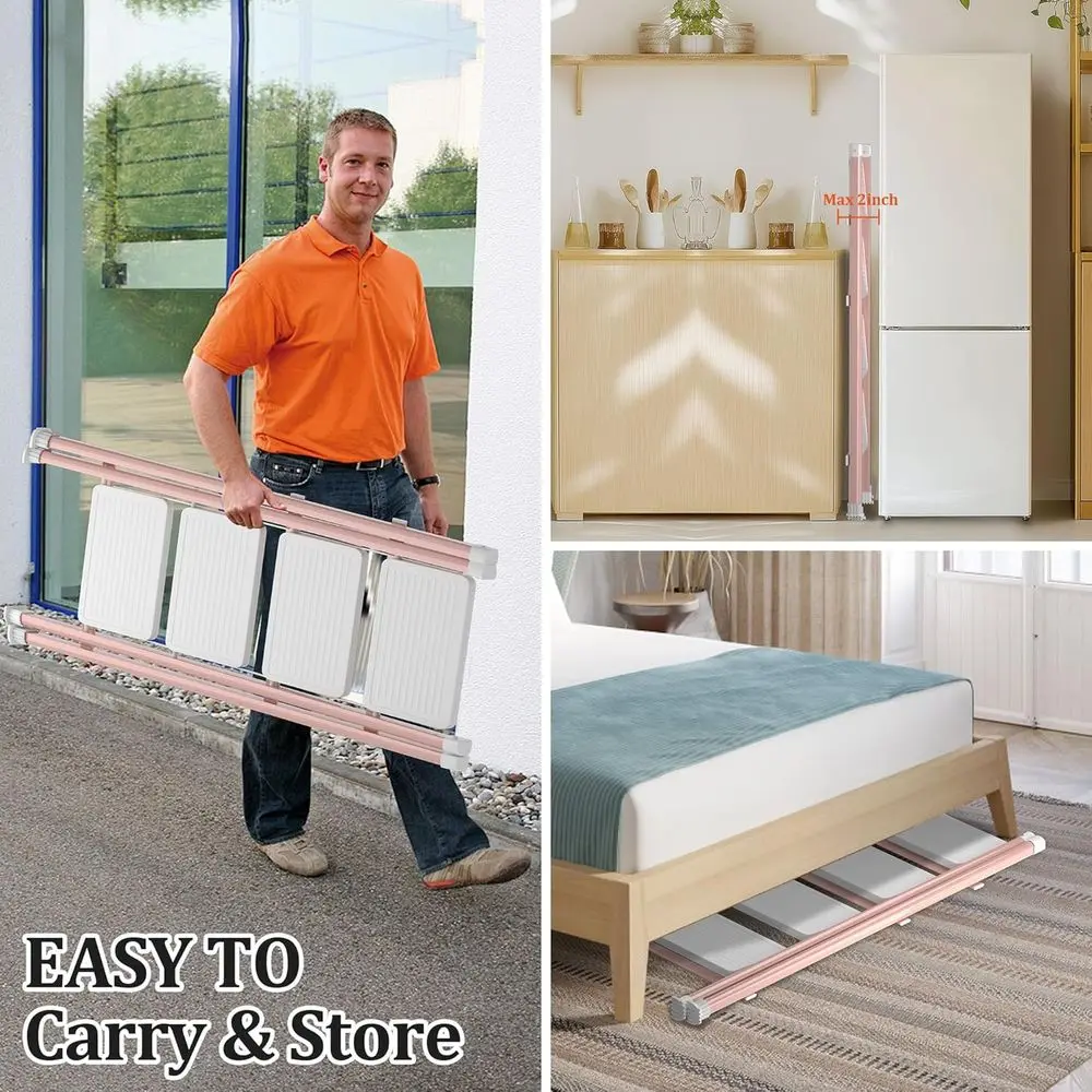 سلم محمول قابل للطي مع مشطات مضادة للانزلاق، إطار فولاذي متين، مثالي للمنزل والمكتب، وردي وأبيض