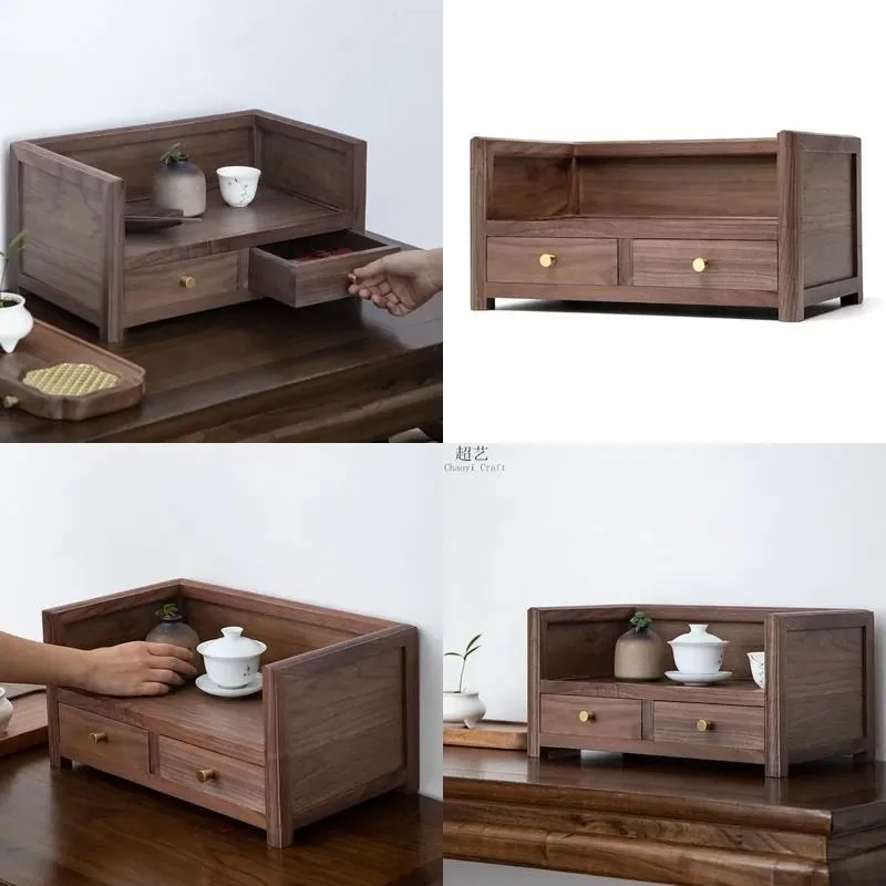 Black Walnut Solid Wood Tea Storage Rack Multi-functional Kitchen Desktop Shelf Light Luxury High-end Organizer