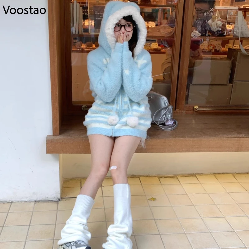 일본 카와이 로리타 스타일 니트 카디건 여성 가을 ​​겨울 달콤한 줄무늬 후드 스웨터 코트 여성 귀여운 느슨한 니트웨어