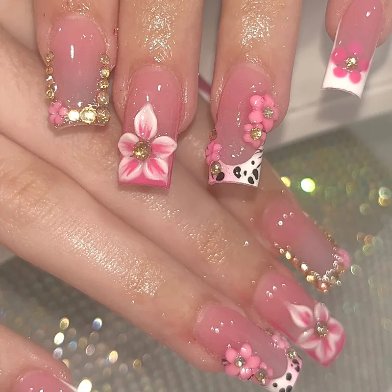 

24Pcs Medium Square Press on Nails Pink Floral 3D Flower with Rhinestone Cow Print Decor Reusable Acrylic False Nails for Spring