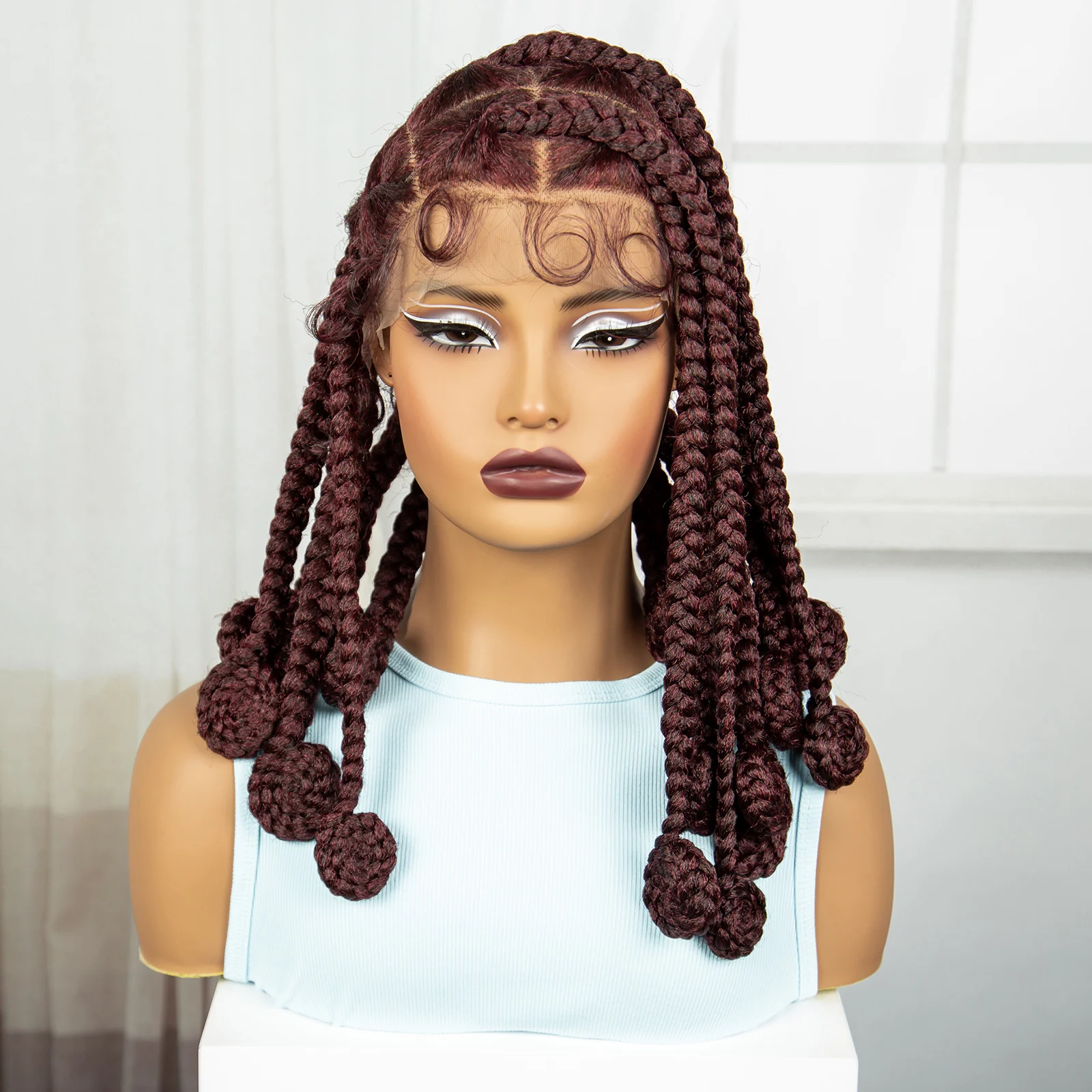 Burgundy 14 Inch Synthetic Bantu Braided Wigs Transparent Full Lace Hair Wigs Knotless Box Braids with Baby Hair for Black Women