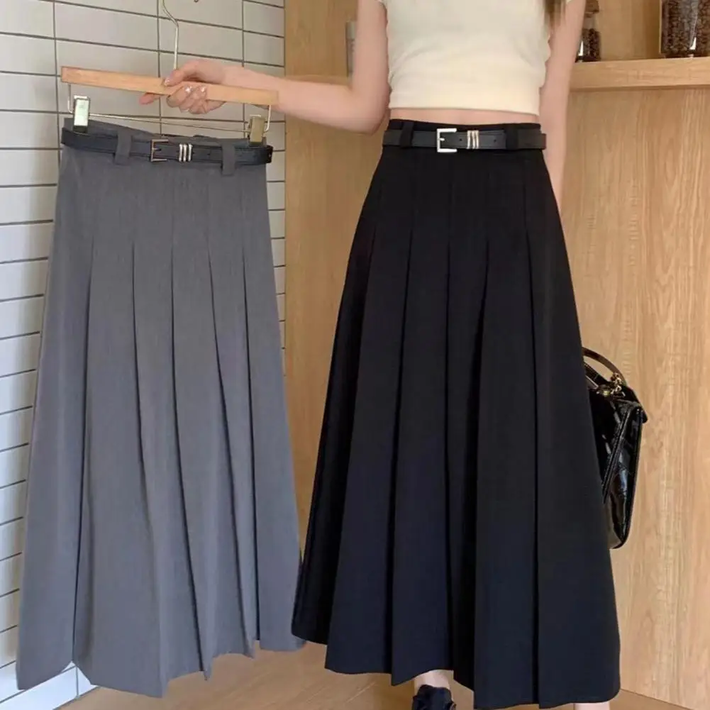 Black Skirt Elegant Midi Skirts Women Vintage High Waist Pleated Skirt Streetwear Korean Fashion Grey Casual All Match A Line Sk