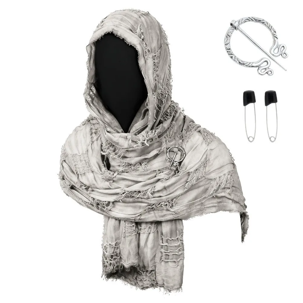 Gothic Distressed Hooded Scarf Polyester Metal Brooch Halloween Viking Cosplay Wrap Adjustable Long Medieval Shawl Festival
