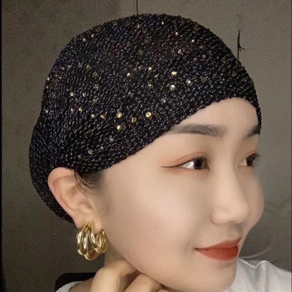 

New Full Cover Bonnet Hat Elastic Cover White Hair Headscarf Breathable Rhinestone Headband Cap Women