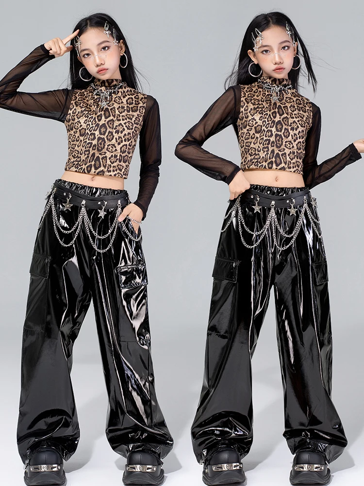 Vêtements de danse Jazz pour filles, gilet imprimé léopard, haut en maille, pantalon noir, mode Kpop, Costume de spectacle, vêtements de danse de rue, 4576