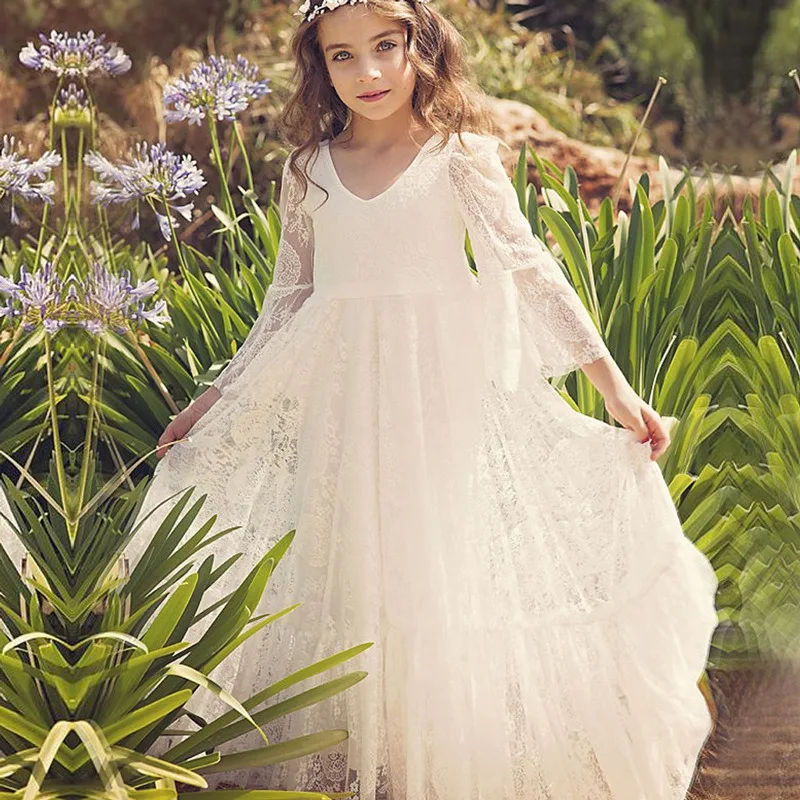 New Children's Clothes Flower Girl Lace Dress Long Sleeve Round Neck Children's Dress Host Show Costume