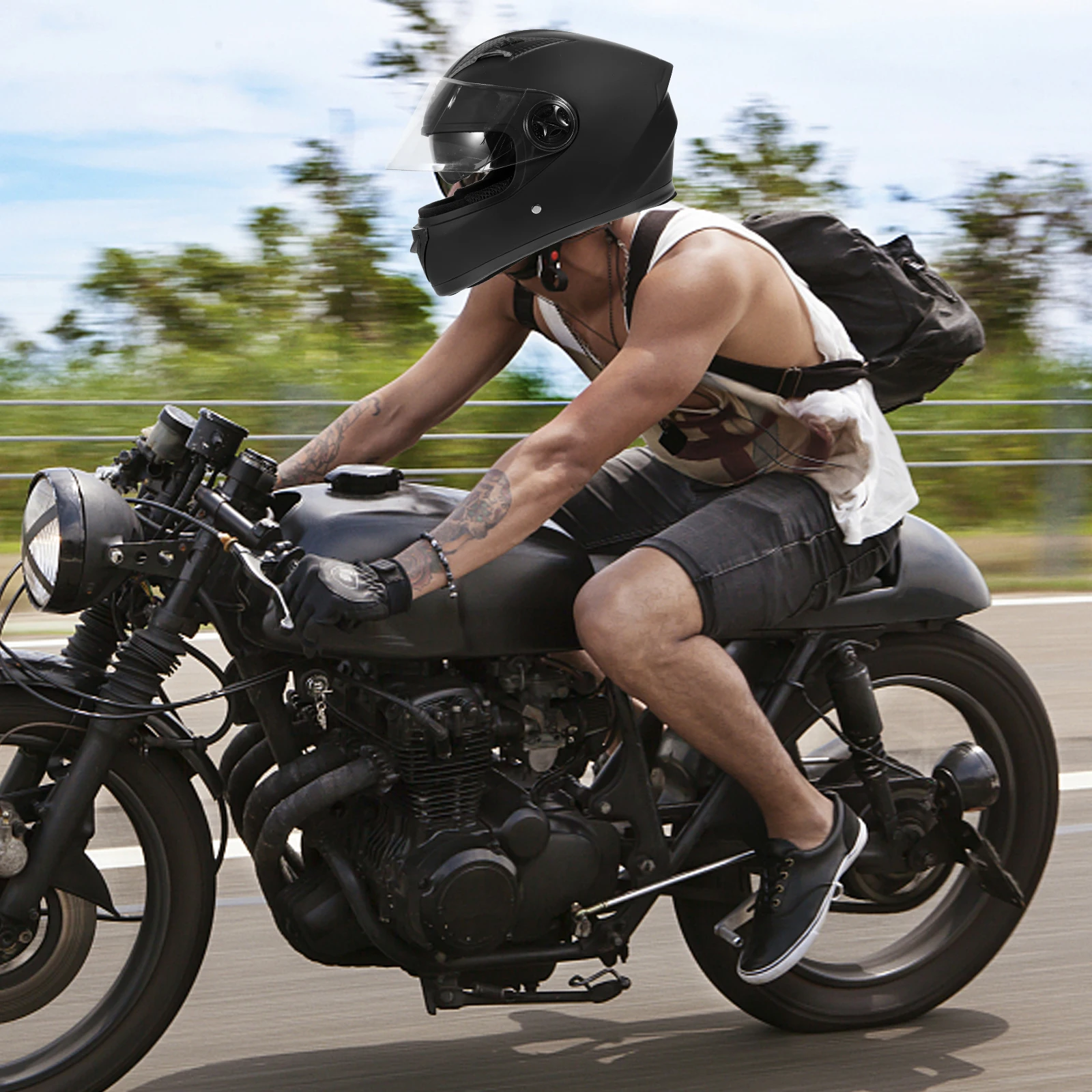 電動バイク安全耐衝撃軽量フルフェイスヘルメット大人用 61-62 センチメートルヘッドデュアルレンズブラックブラウンメガネ