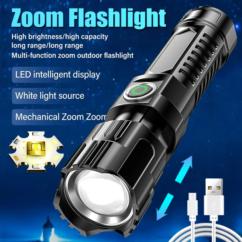 

Super Bright P200 Flashlight USB Charging Built in battery Telescopic Zoom Tactical Flashlight Outdoor Emergency Lighting