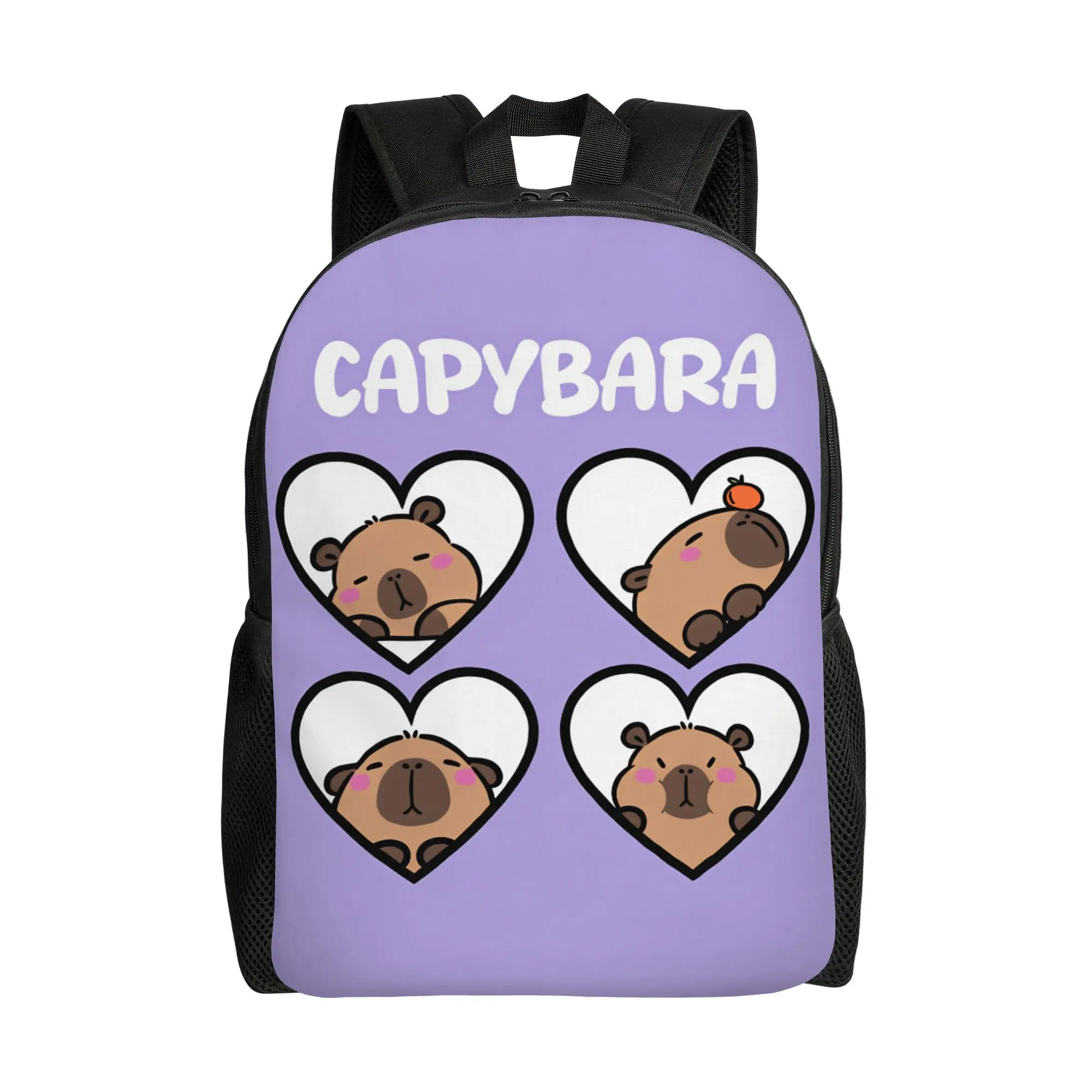 Four Heart Frame Capybara Face Purple Background Capybara Text Cartoon Backpack  Girl Polyester Hiking Backpacks Kawaii Rucksack
