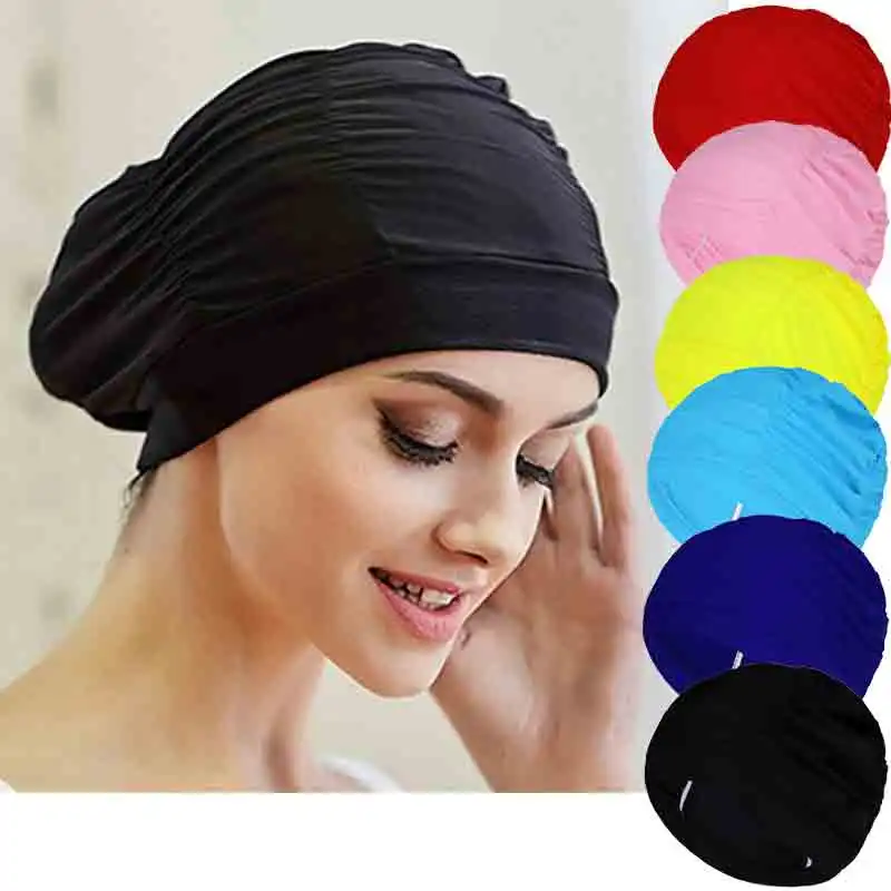 Gorro de baño de nailon elástico para mujer y niña, gorro de baño de pelo largo, drapeado elástico, tamaño libre, turbante deportivo para piscina