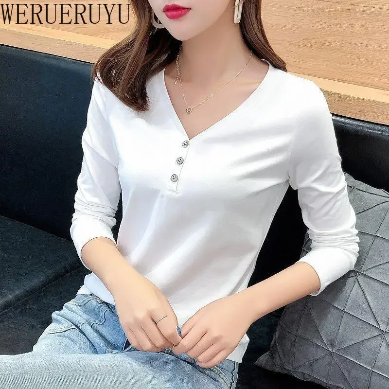 

Elegant V-neck White T Shirt Long Sleeve Top Womens Y2k Clothes Autumn Winter Streetwear Casual Button T-shirts for Women 2024