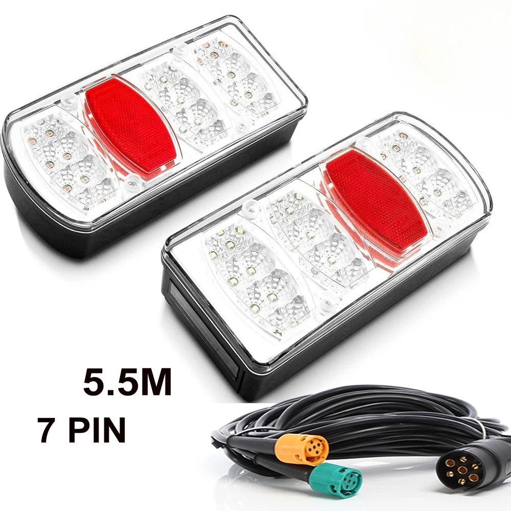 2x 1 Set 7 Pin Plug 12V 5.5m Universal Rear Towing Tail Light LED Trailer License Number Plate Reflector Brake Lamp Turn Signal
