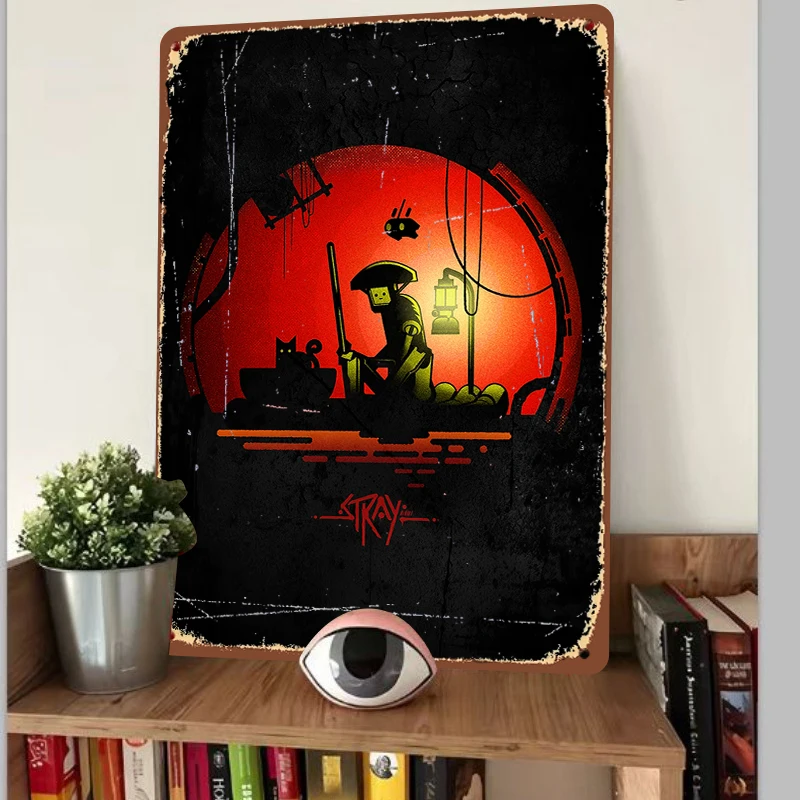 Stray Game Art Metal Wall Decor Red Moon Robot Cat Lantern Poster for Living Room Bedroom
