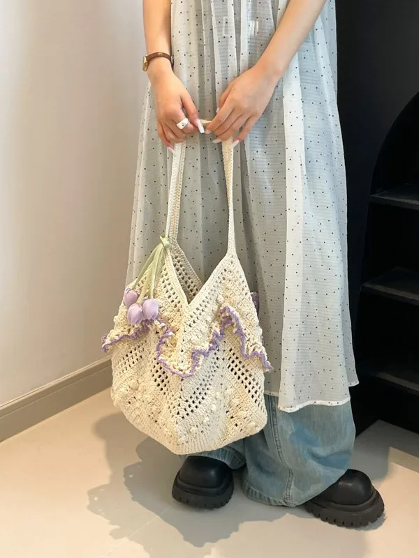 

Handmade Crochet Bag for Women, Hollow Out Knitted Shoulder Purse with Flower Design, Large Capacity Boho Tote for Summer Beach