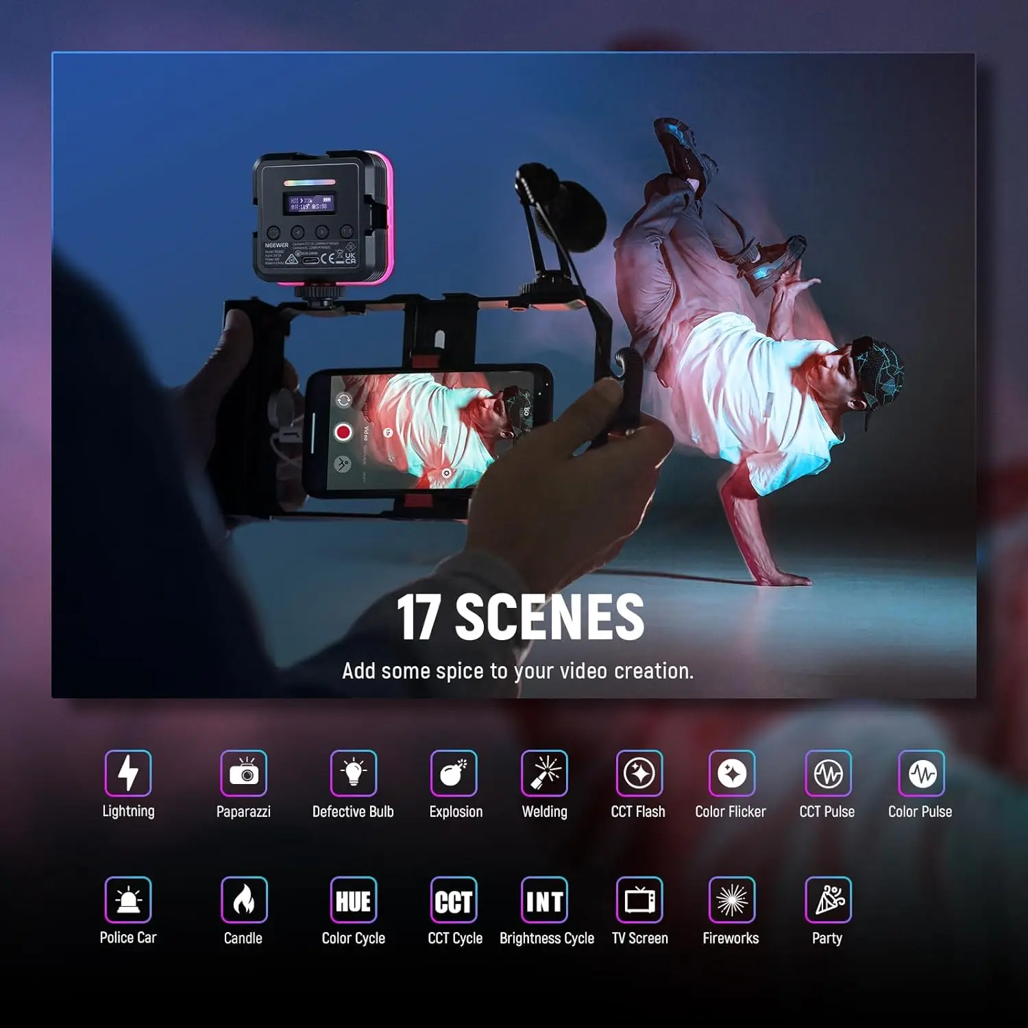 NEEWER CRI97+ 2500K-8500K 17 Scenes 2000mAh LED Camera Light 2 Pack RGB62 Magnetic RGB Video Light with APP Control