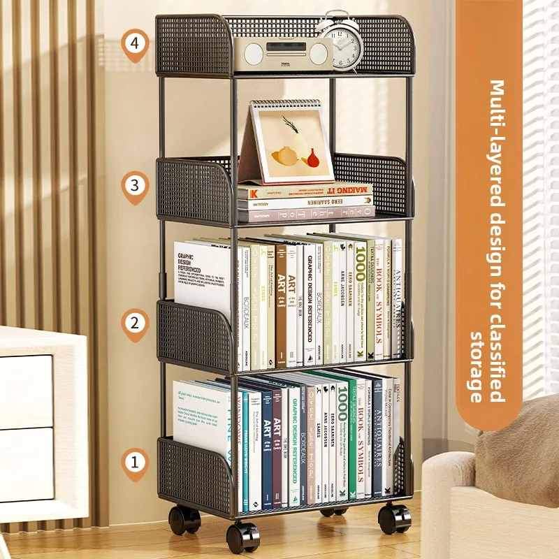 Wheeled Bookshelf Storage Cart Multi Tier File Cabinet Desk Side Bedroom Office Book Shelf Furniture Commodity Shelf Bookshelf