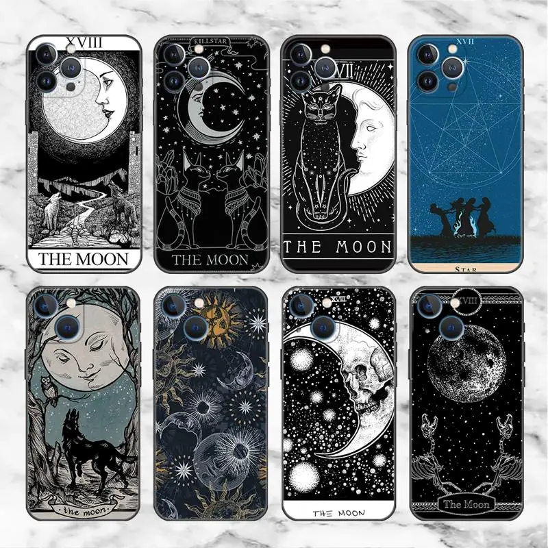 Moon Tarot Mystery Totem Case For Apple iPhone 11 15 13 14 Pro Max 12 Plus X 15Pro Black Silicone Phone Coque