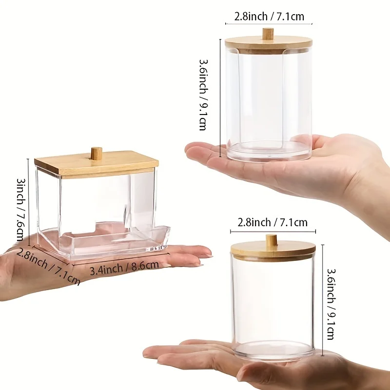 3pcs Bathroom Organizer Accessories Set Qtips Holder Storage with Clear Plastic Lids, Swabs Dispenser, Container Jar