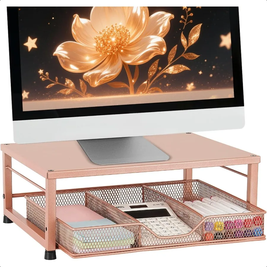 

Small Monitor Stand Riser Laptop Riser Metal Mesh Desk Organizer Desk Top Storage and Organization with Drawer for Computer Des