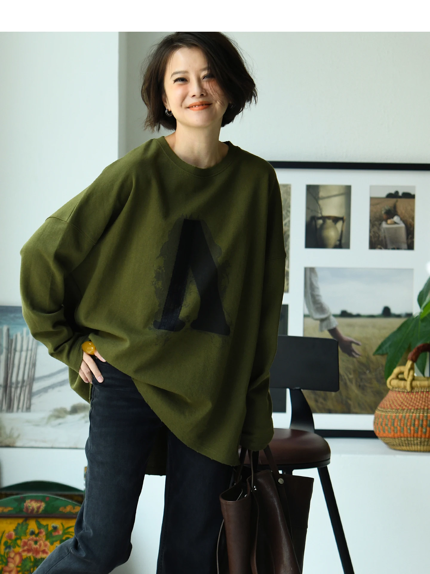 

T0239C Milan Declaration Design T-irt Long Sve Distred Lace Ombre Loose Women's Autumn Cotton Crew Ne Top