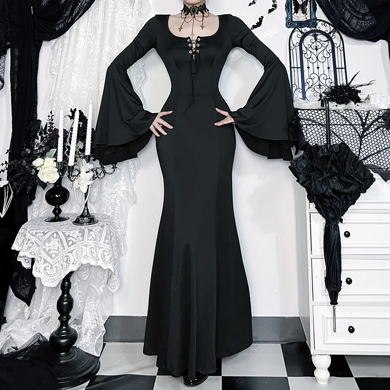 2025年ニューレトロハイウエストフレアスリーブレースカットアウトゴシックドレスY2Kハロウィンストリートパーティー美的クラブウェアマキシロングドレス