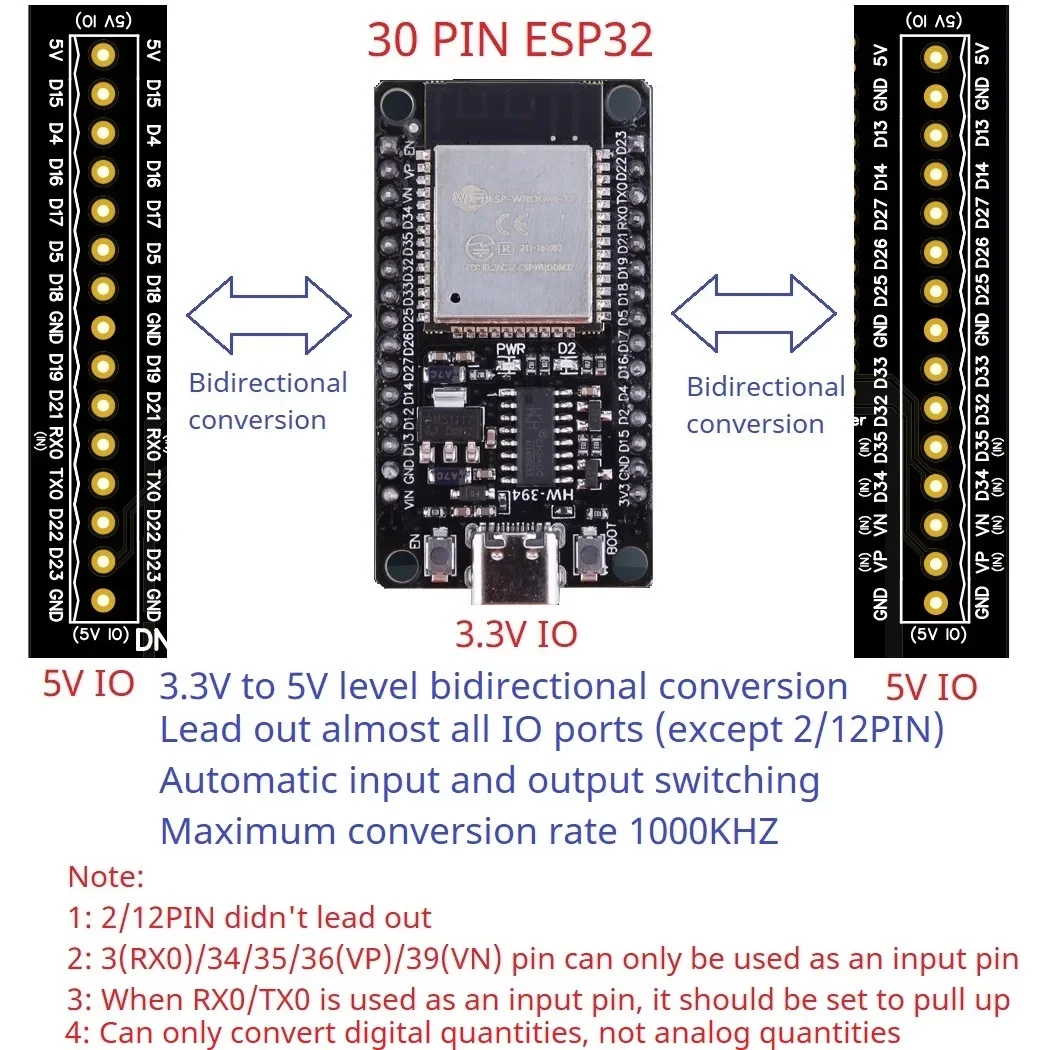 ESP32 3.3V to 5V Bidirectional 1MHz DIO Level Converter - Din Rail Expansion Board for Arduino, WiFi, IoT, Smart Home & DIY