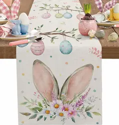 Spring Easter Bunny Ears Colorful Eggs Linen Table Runner Party Decor Washable Kitchen Dining Table Runner Easter Decorations