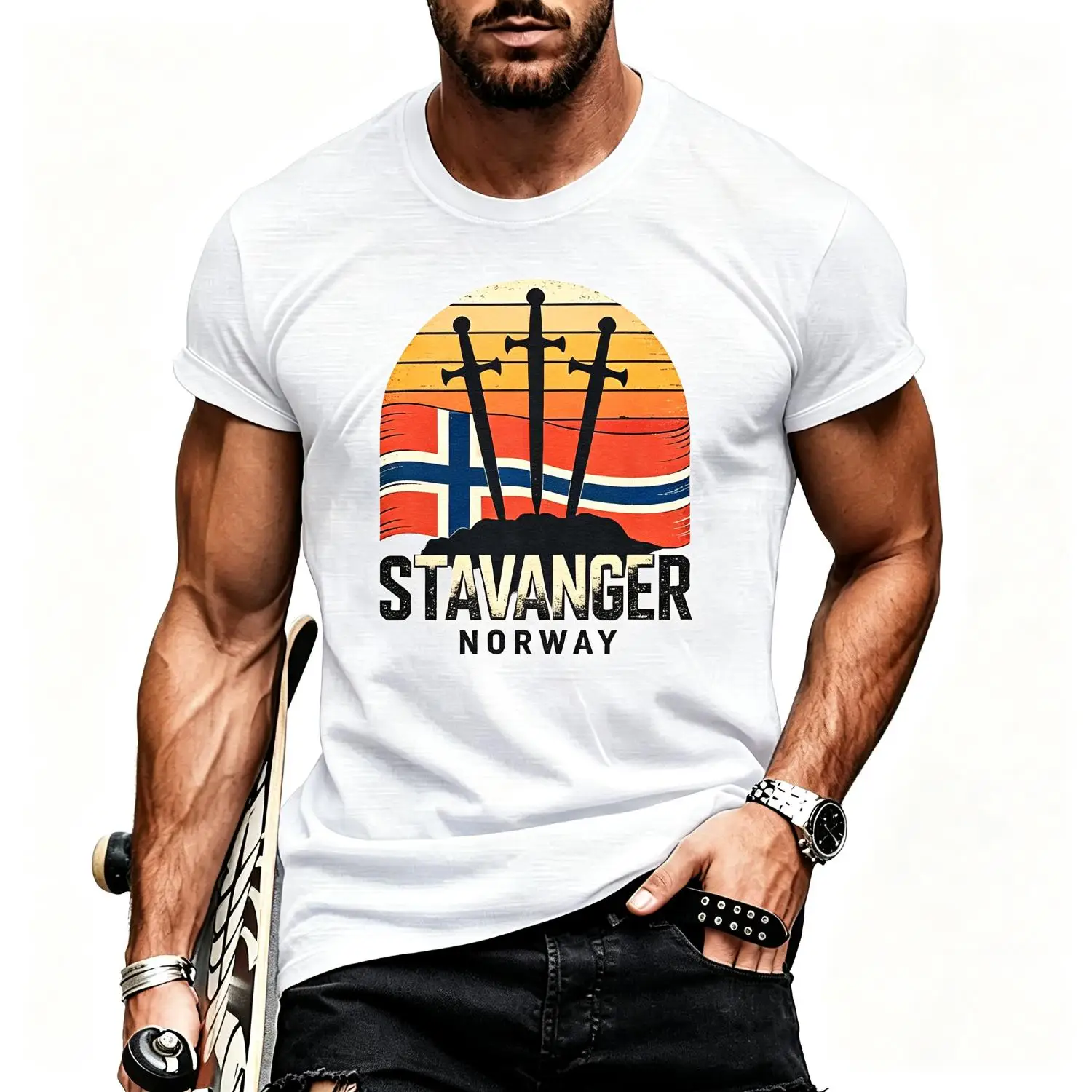 Stavanger Norway Viking Swords Retro Sunset Tee T-shirts Top