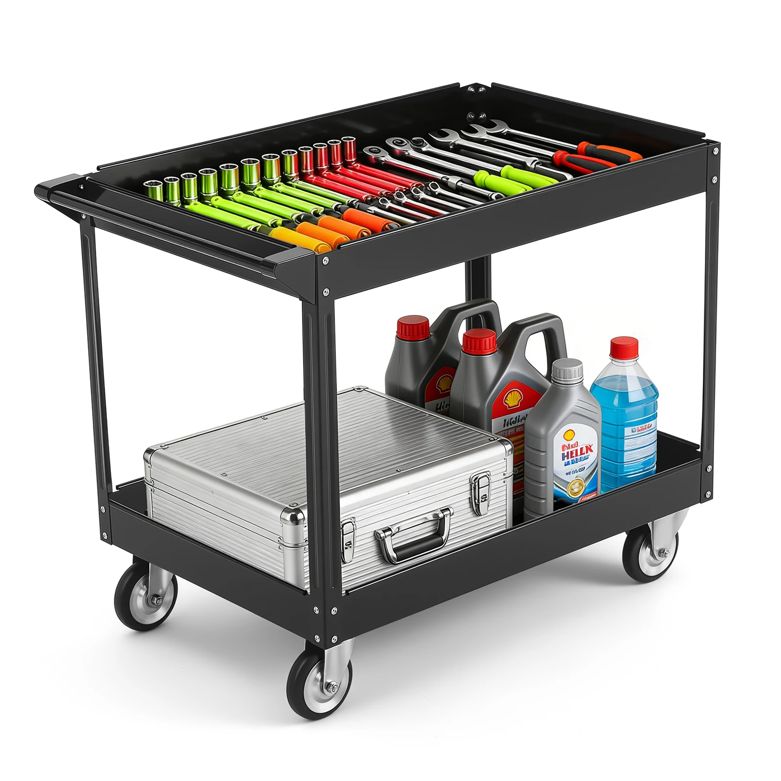 Utility Cart on Wheels, 500 lbs Capacity, Rolling Work Carts with Wheels, 2 Shelf Heavy Duty Plastic Service Cart Suitable for Warehouse, Garage, School & Office, Cleaning, Black, 40