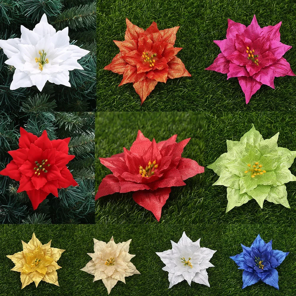 1pcs Christmas Artifical Flowers Glitter Poinsettia For Christmas Tree Ornaments Fake Flower Xmas Navidad Happy New Year 2024