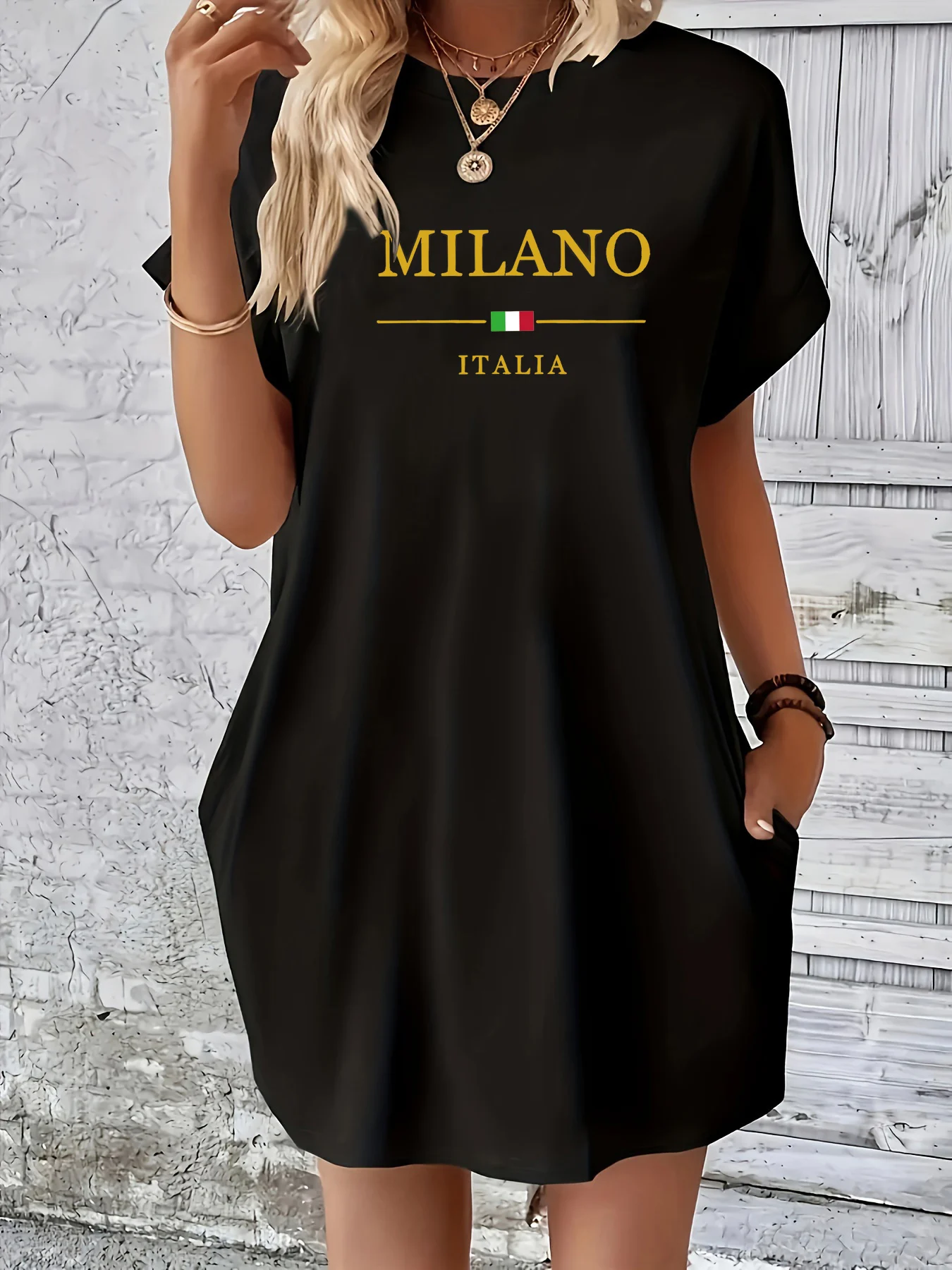 Ladies' Summer Loose MILANO ITALIA Letter Pattern Printed Round Neck Short Sleeved Pocket Comfortable Casual Plus Size Dress