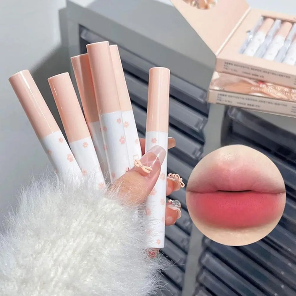 

6-цветная матовая стойкая помада, подарочный набор, грязевая помада для губ, набор для лица, губная клетка, плюшевая кисть, розовый персиковый цвет, очаровательный набор глины для губ для девочек