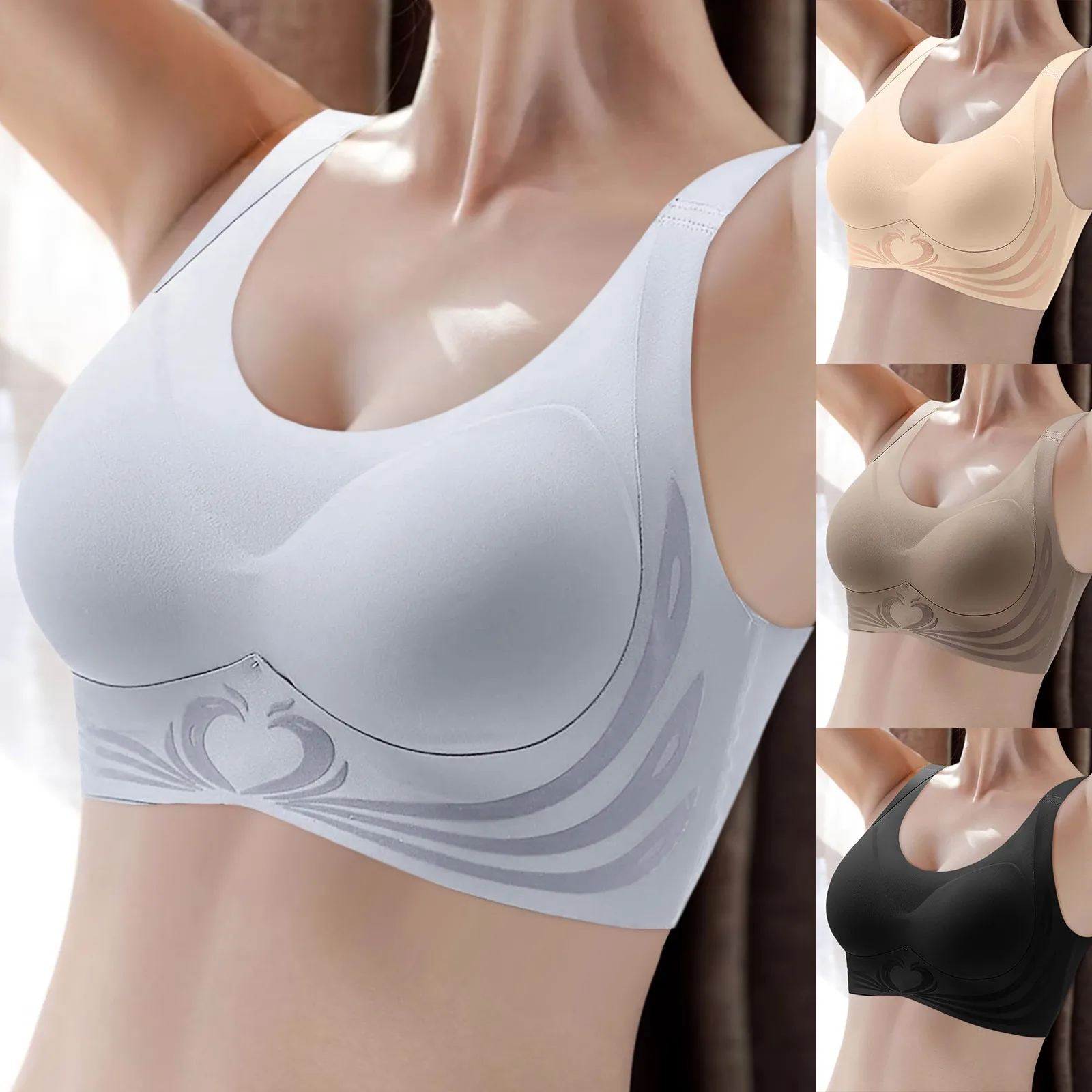 

Women's Front Side Buckle Lace Edge Without Steel Ring Movement Seamless Gathering Adjustment Yoga Big Bras Low Back Sports Bra