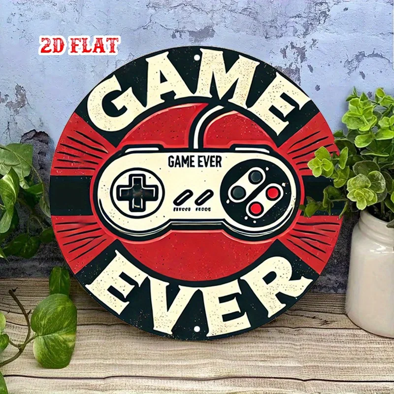 2D Flat 1pc Retro Gaming Round Aluminum Sign, Controller Design Metal Sign - Game Ever Rustic Metal Wall Art, Fun Vibes view 3