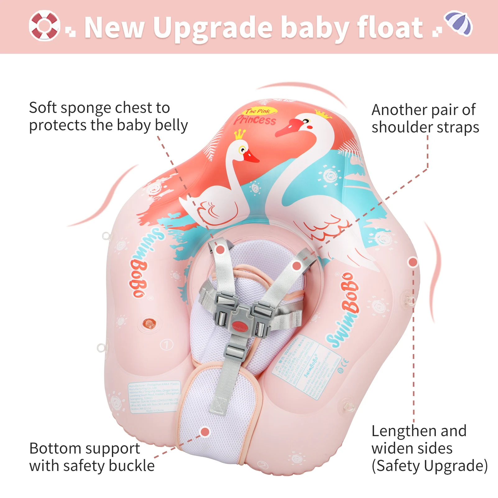 Swimbobo, nuevas actualizaciones, malla más seguridad, asiento con ventilación suave, bolsillo para bebé, natación inflable, anillo flotante para niños, círculo, juguetes de verano