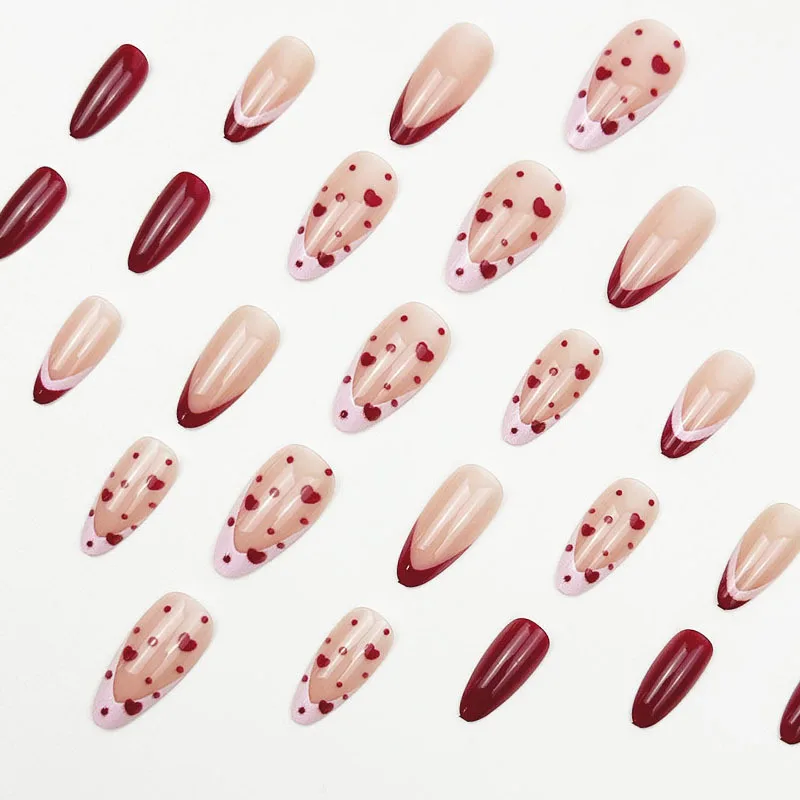 الأبيض الفرنسية الأظافر وهمية عارية اللون قصيرة مربع الصحافة على مسمار الأحمر الحب القلب/نجمة/نقطة مطبوعة النساء عيد الحب DIY بها بنفسك مانيكير