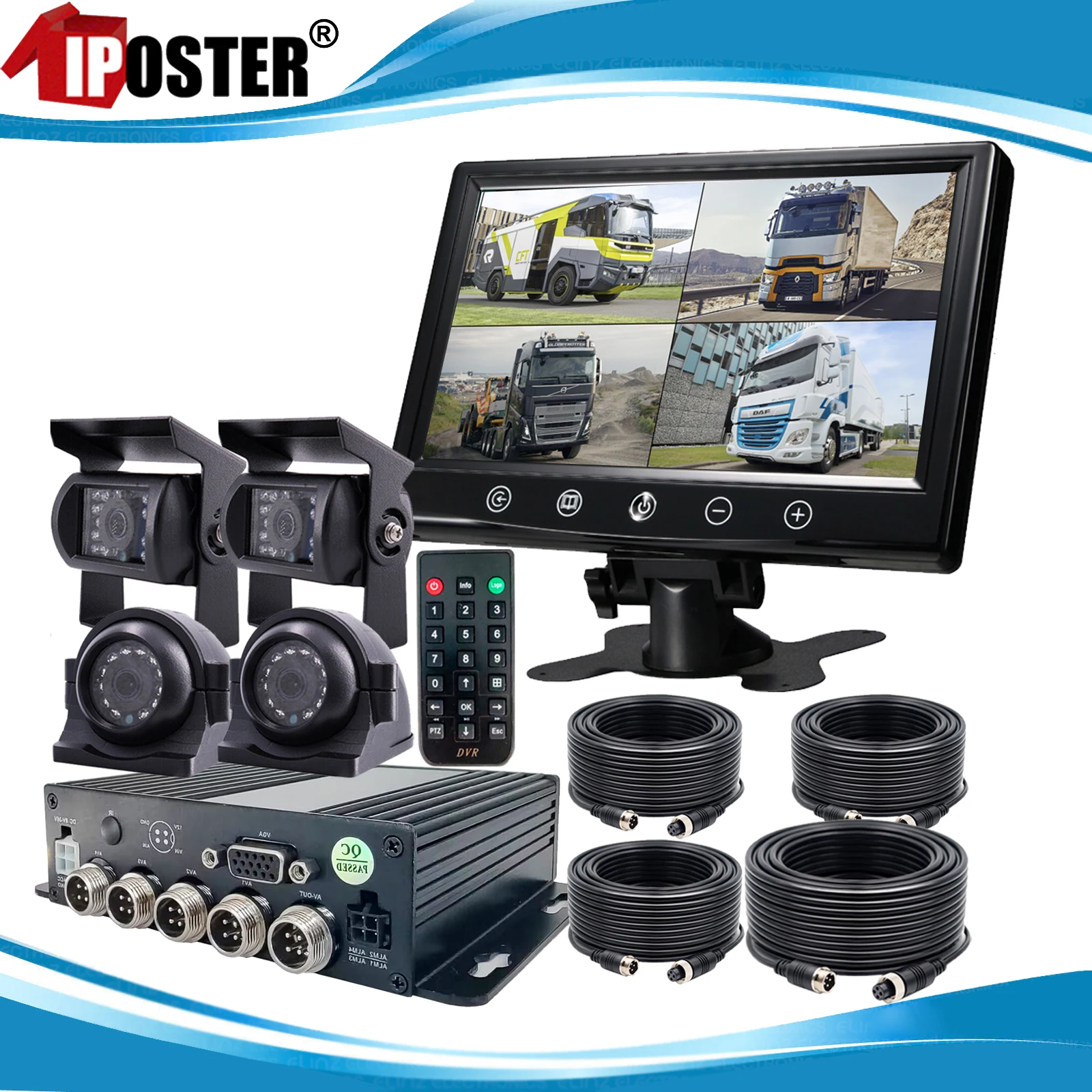 

iPoster Truck Car Vehicle DVR Video Recorder Box 9" Monitor AHD 1080P Side Rear View Cameras 3x 5m+1x 15m 12-24v For Bus Truck