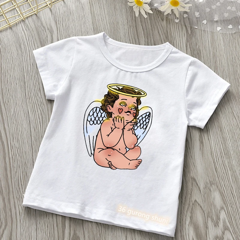 

Angel Baby Graphic Print Tshirt Girls/Boys Kawaii Kids Clothes Funny White/Pink T Shirt Summer Short Sleeve T-Shirt Streetwear