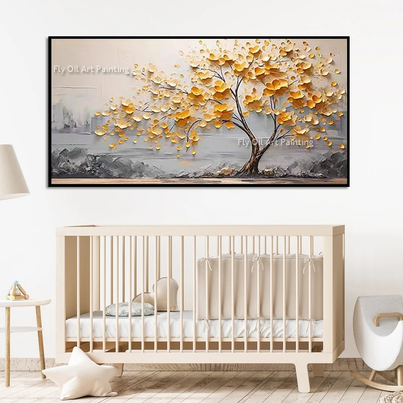 Hand Drawn Yellow White Grey Flowers Tree Landscape Canvas Thick Wall Art New Original Orange Gray Tree View Oil Painting Decor