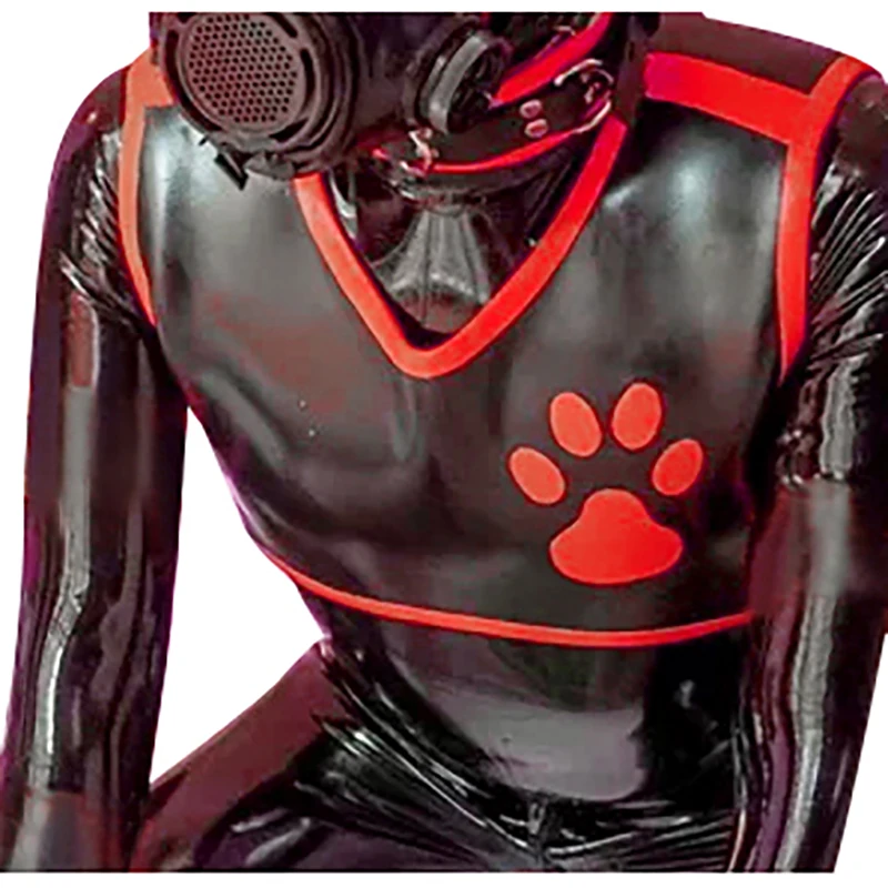 

Black And Red Sexy Latex Crop Top With Puppy Paw Prints V Collar Sleeveless Rubber Clothing Shirt Dog Pet Trims Blouse 0370