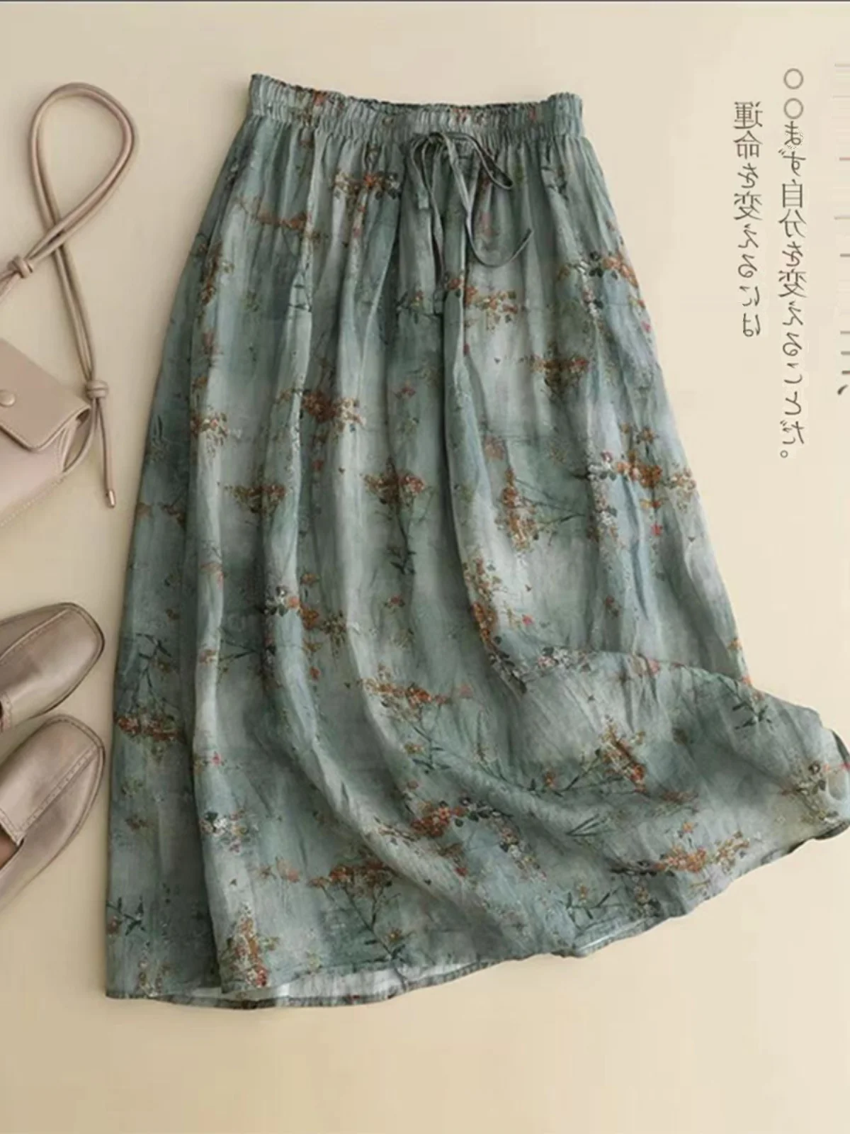 تنورة ميدي عالية الخصر على شكل حرف a من القطن والكتان بطبقة مزدوجة مطبوعة بالزهور تنورة فنية f للسيدات لصيف 2023