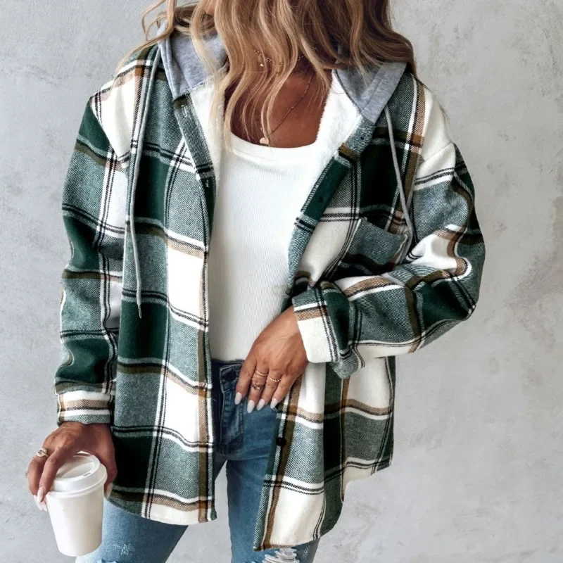 2024 New Autumn Winter New Fashion Women\'s Clothing Solid Color Plaid Hooded Jacket Casual